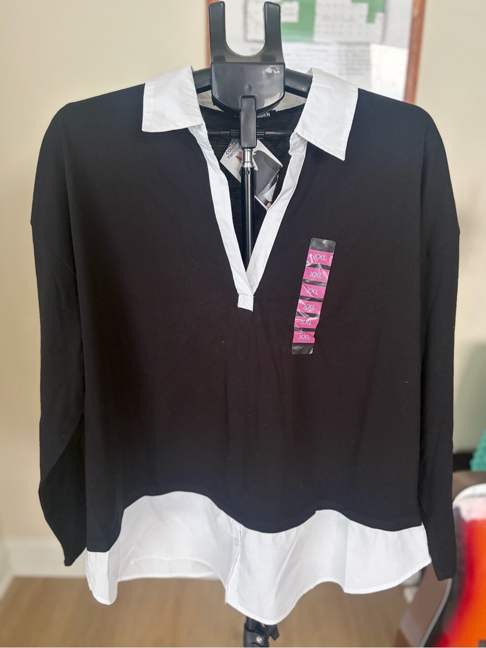 NWT Steve Madden Long Sleeve Collared Twofer Top Black/White Sz XXL